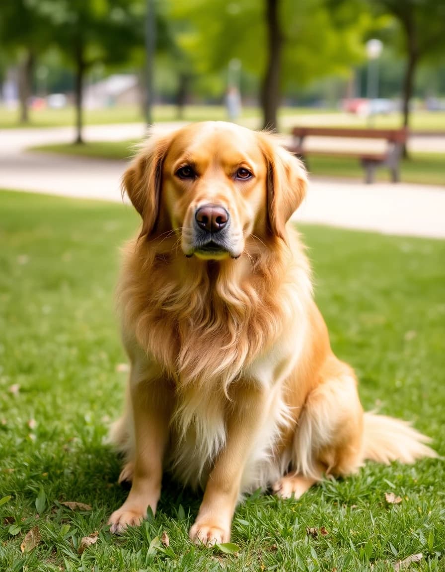Photo of a golden retriever sitting on grass